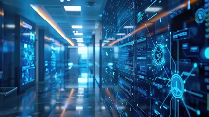 Futuristic data center with holographic displays and neon lights