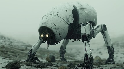 Quadrupedal robot with glowing eyes in a foggy terrain - obrazy, fototapety, plakaty