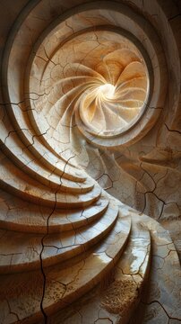 A golden spiral staircase curls infinitely in an abstract space