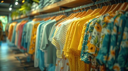 Vibrant summer clothes on hangers in a store - obrazy, fototapety, plakaty