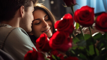 couple and red roses for surprise anniversary marry