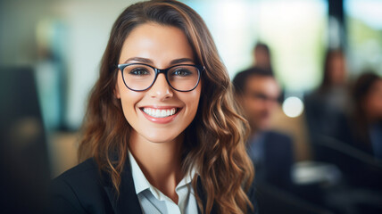 Fototapeta premium A professional businesswoman with a warm smile wearing glasses.
