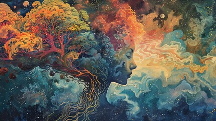 Artistic representation of a woman profile seamlessly blending with a vibrant cosmic tree, symbolizing the unity of life and universe. psychedelic therapy.