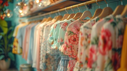 Floral summer dresses displayed in a cozy boutique setting