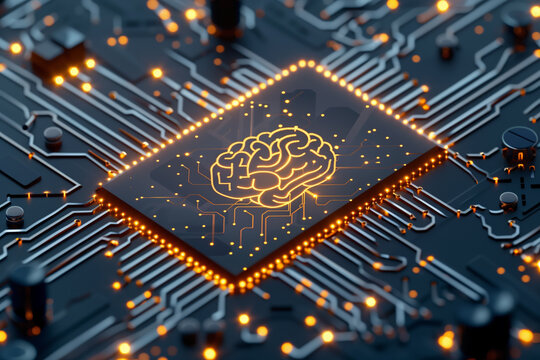 Blue brain with computer circuit board. Artificial intelligence, AI.