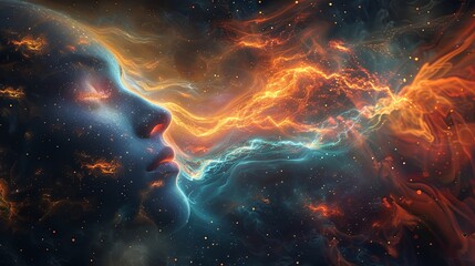 A digital artwork capturing the profile of a woman's face with a dynamic flow of cosmic energy and vibrant nebula-like patterns in space, quantum mysticism