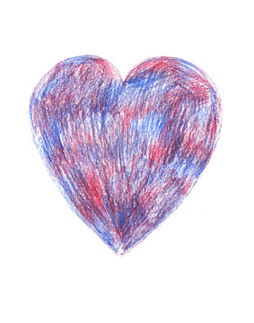 Heart isolated on white background. Freehand drawing with colored pencils. Different shades of blue, pink, purple. Children's drawing, postcard, greetings. Fathers Day, love, emotions.