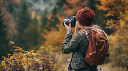 Fototapeta premium Woman Photographer Looking Images From Dslr Camera. Photography concept