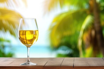 A stunning glass of amber wine is staged before a vibrant tropical setting, invoking a sense of exotic luxury. Tropical Elegance: Amber Wine Glass Against Lush Backdrop