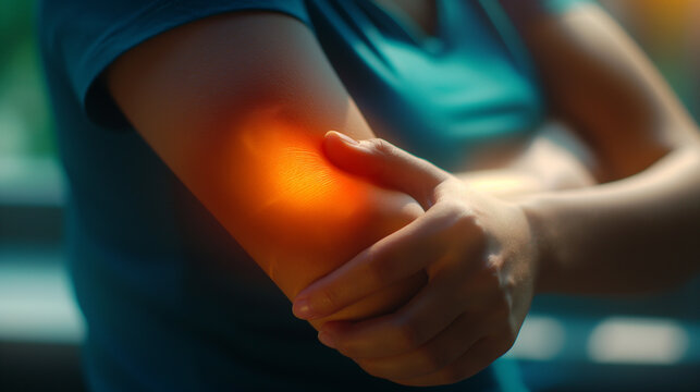 Close Up Of Tired Young Woman Massaging Elbow Suffering Joint Pain, Injury. Medical concept