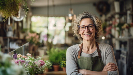 Happy middle-aged female florist standing in her flower shop. - obrazy, fototapety, plakaty