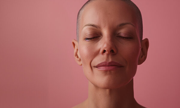 Retrato de Mujer Calva con ojos cerrados y expresi&oacute;n serena sobre fondo rosa.