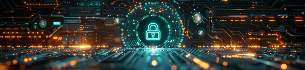 depicts a conceptual digital artwork of a circuit board with cybersecurity and technology symbols superimposed. The central focus is a glowing green padlock symbol, representing security or encryption