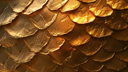 Gordijnen Golden metal texture of dragon or snake scales. © Insight