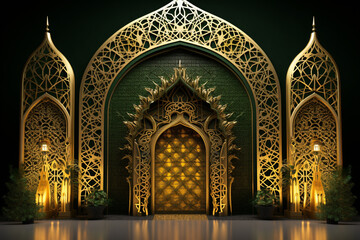Decorative laser cut panels template with abstract texture. geometric Golden amadan windows Islamic door frames with ornament. Arabic mosque arch on green background. Islamic decoration. Generative Ai - obrazy, fototapety, plakaty