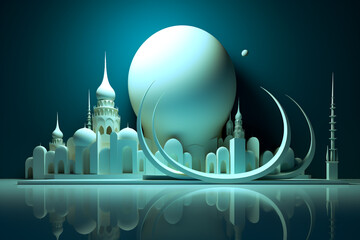 stylish Islamic mosque design illustration Polygonal of Eid ka Chand Mubarak Wish you a Happy Eid Moon with mosque. Generative Ai - obrazy, fototapety, plakaty