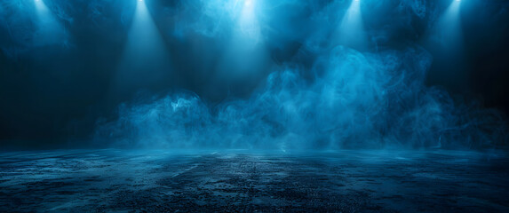Blue stage background with smoke and spotlights. Empty stage background with spotlights  for display products	.