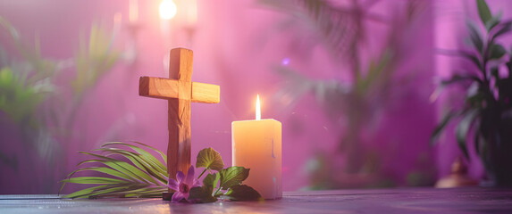 Christian cross, candles and palm leaves on a purple background. Easter concept.