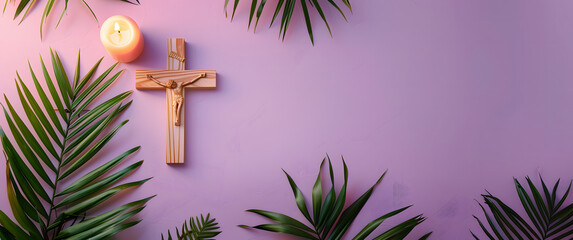 Flat lay composition with wooden cross, burning candle and palm leaves on purple background. Easter...