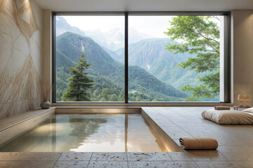 Large indoor hot tub with a stunning view of the mountains outside. 3D illustrator