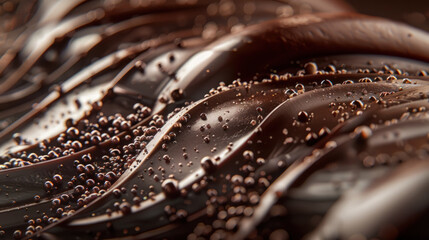 Close-up of swirling chocolate garnished with fine cocoa particles creating a luscious and tempting...