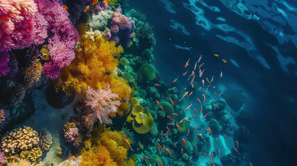 Naklejka premium Underwater scene showcases a colorful coral reef teeming with marine life, including various fish species and sea plants