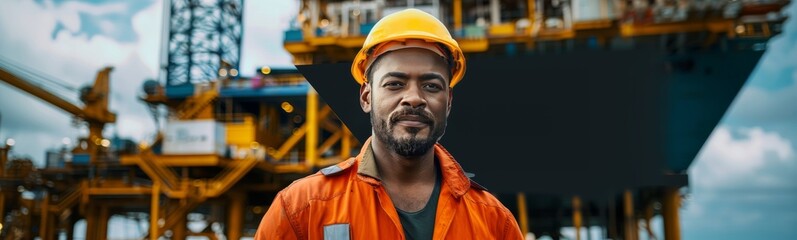 an black skin oil rig worker in orange overalls with an oil rig in the background