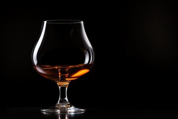 An elegant snifter glass filled with golden brandy, set against a dark backdrop. Brandy Snifter on Dark Background