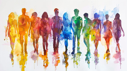 Abstract colorful art watercolor painting group of people standing next to each other