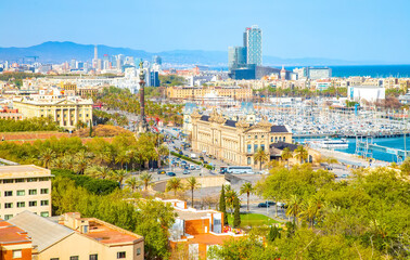 Scenic view of Barcelona Port and city centre skyline, Spain - 748024692