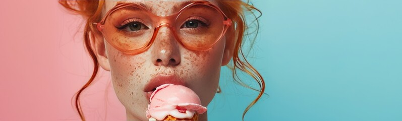 portrait of a strong and feminine red head young woman, early 30s, freckle, licking a huge ice cream cone, wearing neon goggles - obrazy, fototapety, plakaty