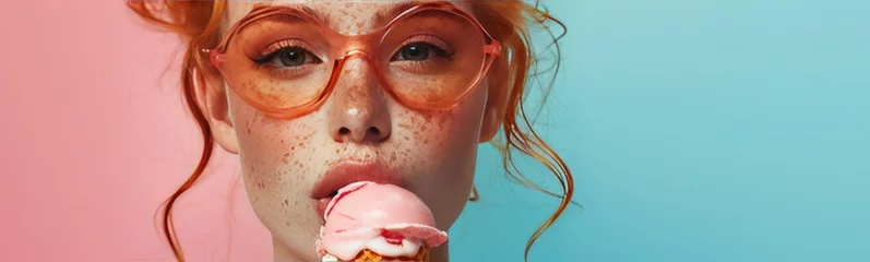 Foto op Plexiglas portrait of a strong and feminine red head young woman, early 30s, freckle, licking a huge ice cream cone, wearing neon goggles © jp