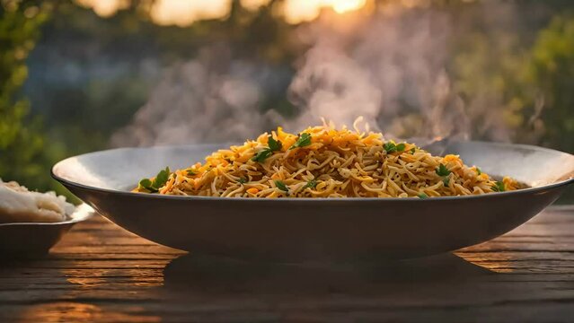 Chicken Biryani with Fragrant Basmati and Exotic Spices, food stock video, boryani video, festival food, seamless looping, 4k video looping, dinner stock videos, food recipes, youtube videos, stock ai