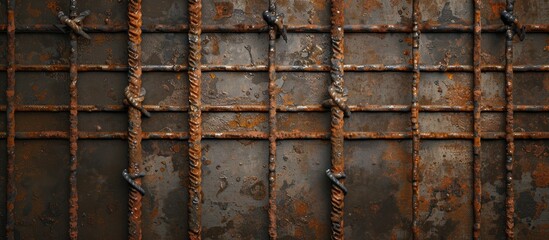 A weathered metal background with rusted steel bars and chains. The rusted bars and chains create a textured pattern against the worn metal surface.