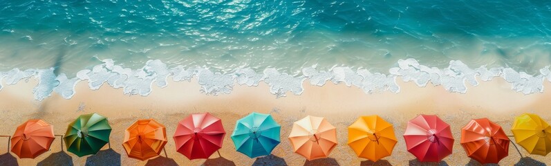 Looking striaght down from the sky, you can see a beautiful white beach with two rows of colorful parasols, photorealisti