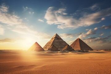 pyramids in the desert with the sun shining through the clouds