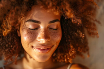 Beauty Sunshine Girl Portrait. Happy Woman Smiling and looking Down.