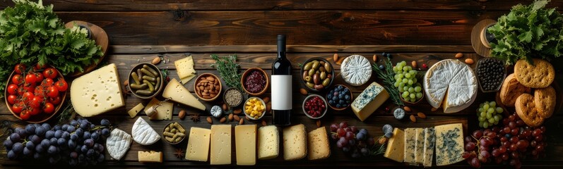overhead shot of a mockup wine bottle with a white label, surrounded by cheese assortment, wood background - obrazy, fototapety, plakaty