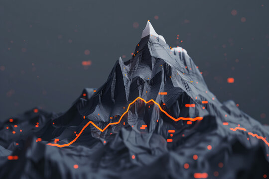 Illustration of orange graphics on black mountain background. Progress infographic.