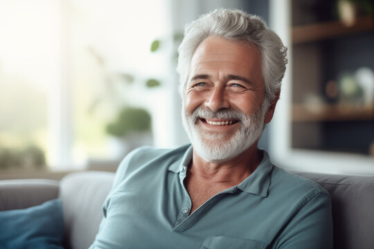 Happy Middle Aged Man Sitting On Sofa At Home, A Single Mature Senior In Living Room