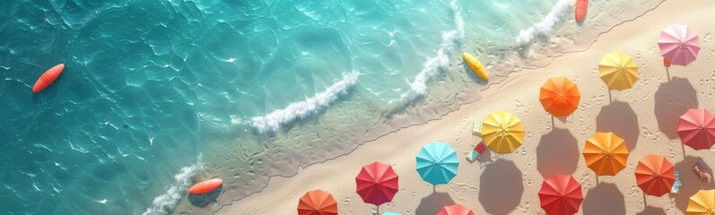 Naklejka premium Looking striaght down from the sky, you can see a beautiful white beach with two rows of colorful parasols, photorealisti