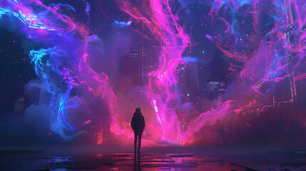 Person silhouette against cosmic energy storms - A lone figure stands against a backdrop of chaotic, colorful cosmic energy swirls in a city environment