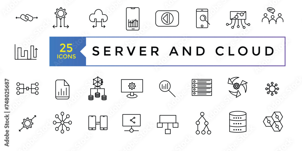 Poster collection of server and cloud data related editable stroke icons, includes data storage, cloud stor