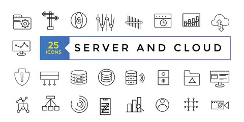 Collection of Server and Cloud Data related editable stroke icons, includes data storage, cloud storage data, technology services, server, Data thin line icons