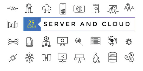 Collection of Server and Cloud Data related editable stroke icons, includes data storage, cloud storage data, technology services, server, Data thin line icons