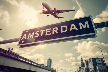 Plane landing in Amsterdam, Netherlands with "AMSTERDAM" road sign in frame	