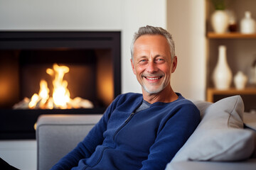 Fototapeta premium Happy middle aged man sitting on sofa at home, a single mature senior in living room