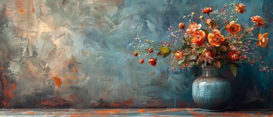 A modern painting with a metal element, a texture background and flowers.