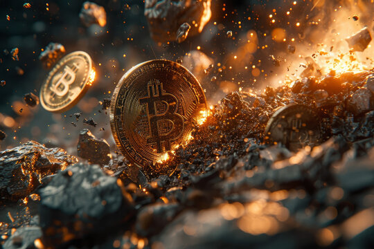 A vivid portrayal of financial disruption: the surge of Bitcoin shattering rocks, presented in a unique blend of Chaotic Academia and Breakcore, highlighting the volatile nature of digital currency.