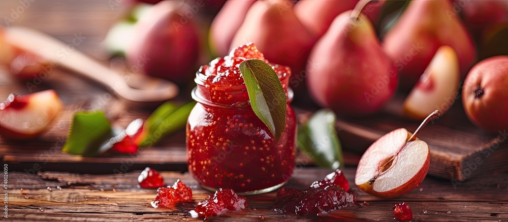 Poster a wooden table is topped with several sliced apples and a jar of pear jam. the arrangement provides 